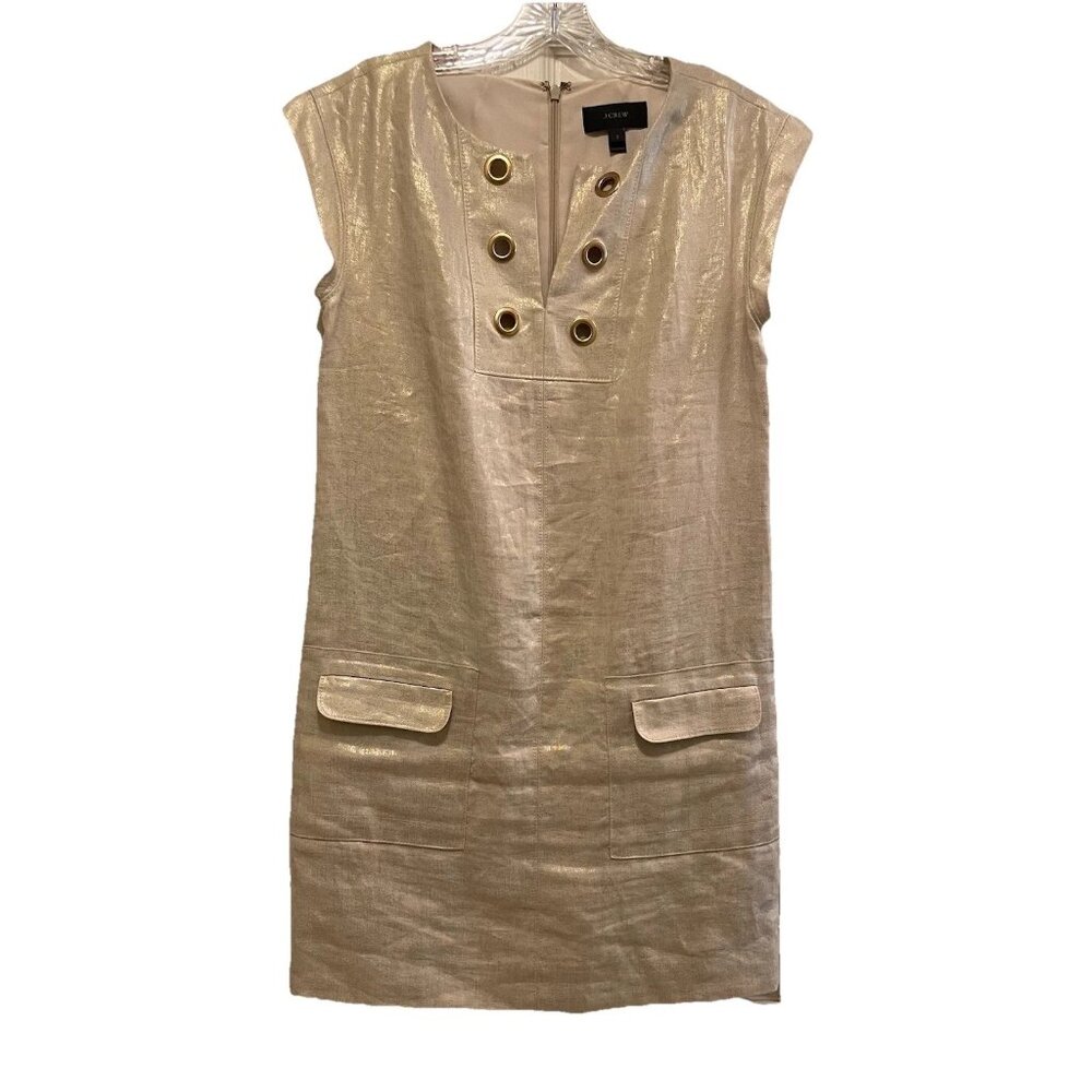 J. CREW Beige 100% Linen Metallic Gold Grommets Tunic Shift Dress Sz 2